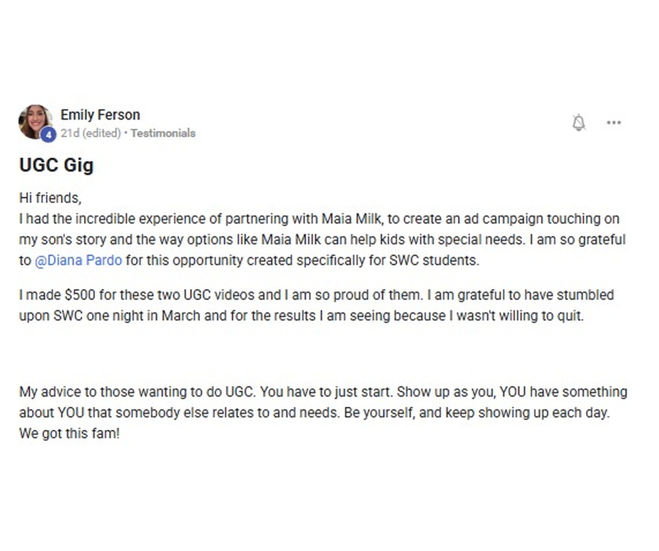 Emily Ferson testimonio SWC